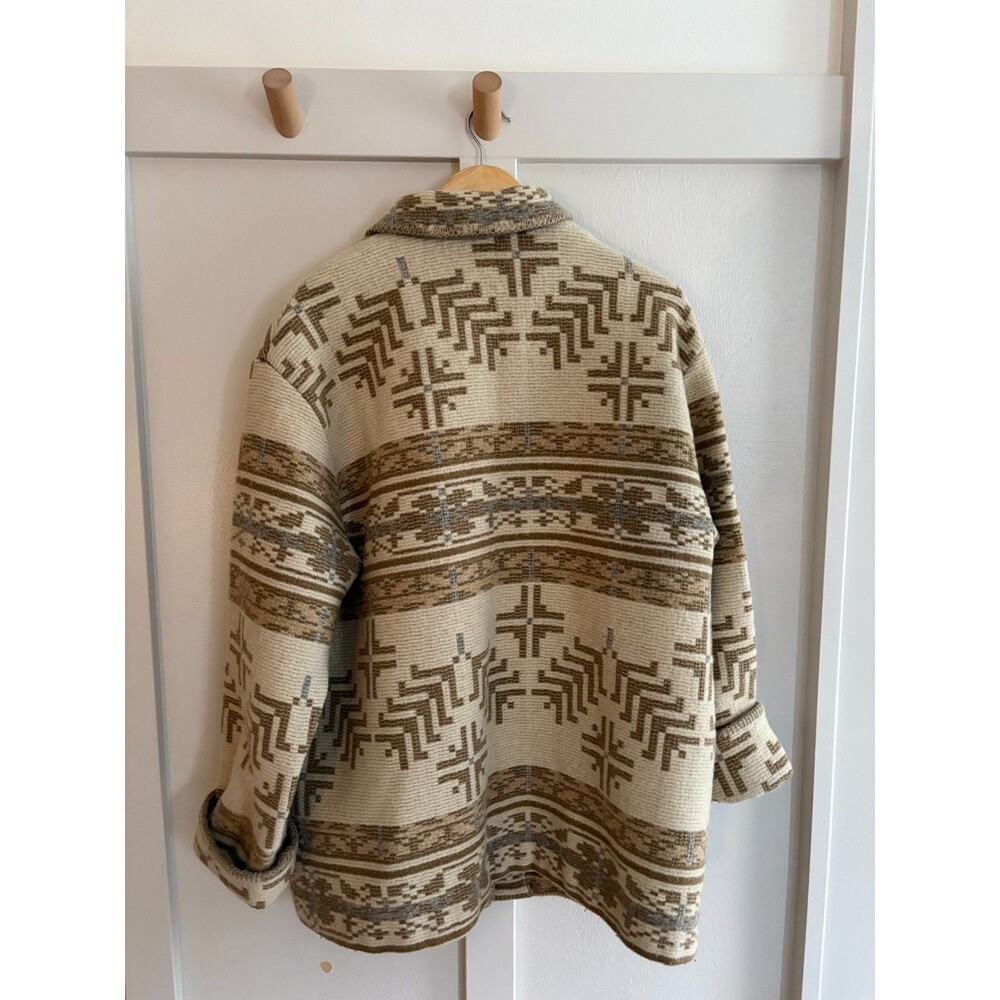VTG Lands End Wool Coat Blend Aztec Print Jacket Beige Tan Southwest Geometric - Picture 6 of 16